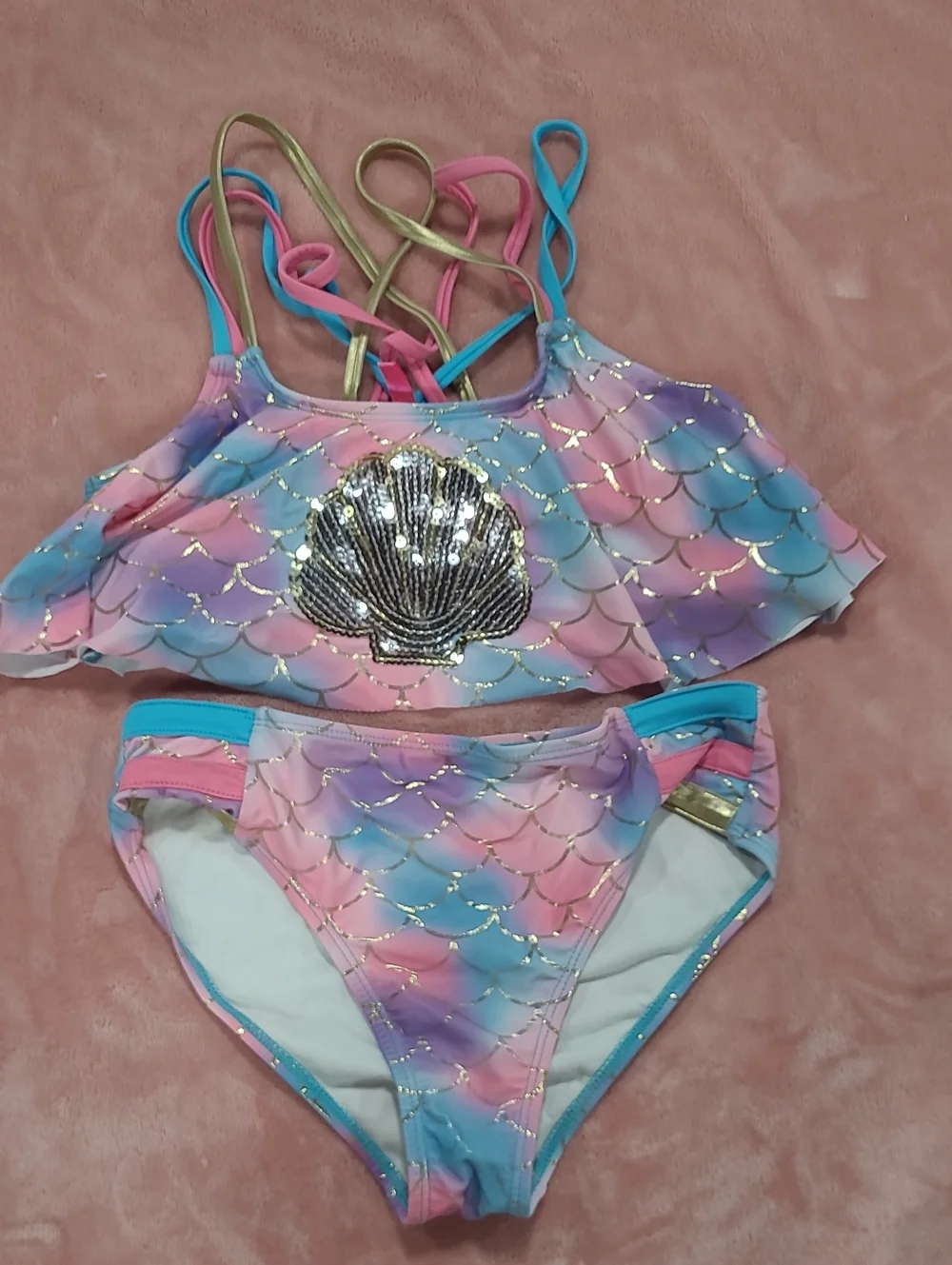 Betsey Johnson Girls Pink Blue Purple Mermaid Sequin Bikini Set with Gold Shell
